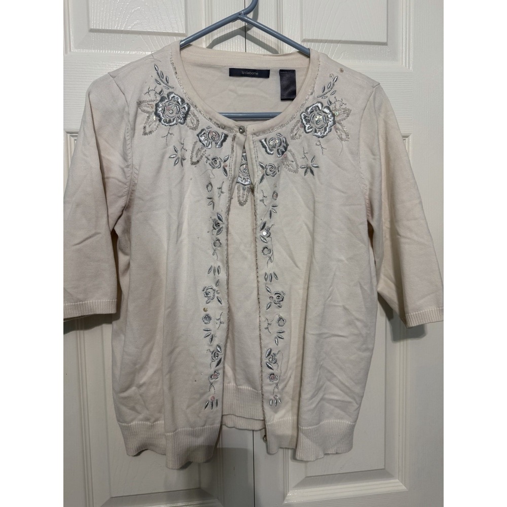 Liz Claiborne Grandma Core women's Sweater Set White‎ W/ Embroidery Size Large